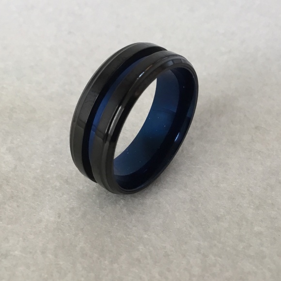 Men’s Black And Blue Steel Ring - Picture 1 of 7